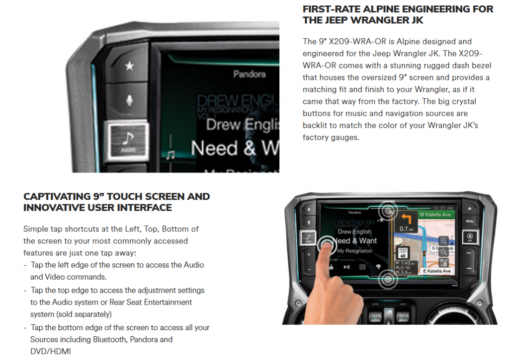 Alpine Restyle 9″ Double Din W/O Nav. (i209-WRA) (FOR JEEP WRANGLER JK ...